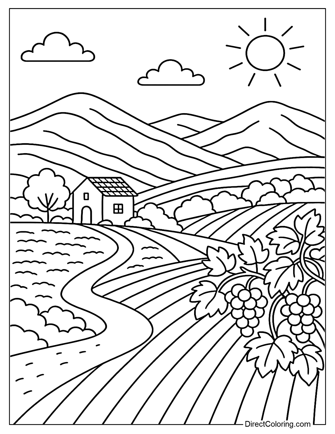 Galilee valley landscape coloring page with green hills, vineyards and small houses